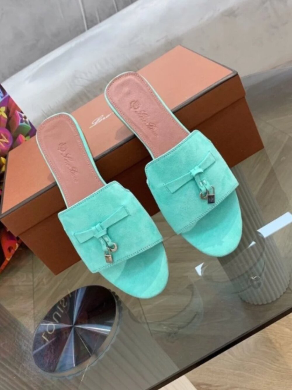 Loro Piana Mint Green Suede Slide Sandals Bow Charm Flat Open‑Toe Mules - Picture 3 of 6